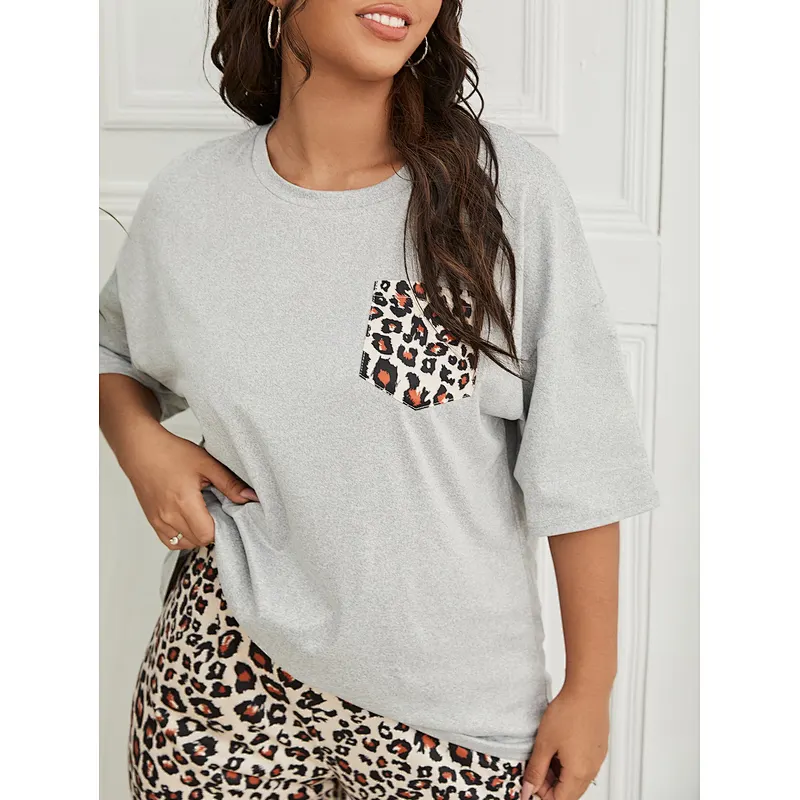 Wholesale Round Neck Short Sleeve Loungewear Leopard Print PJ Set for Women Plus Size Pajamas
