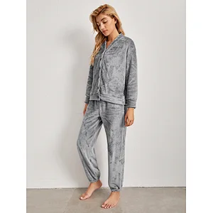2022 Winter Custom Design Plus Size Women's Sleepwear Piajama Lounge Wear Set Flannel Pijama Solid Pajama Sets For Women