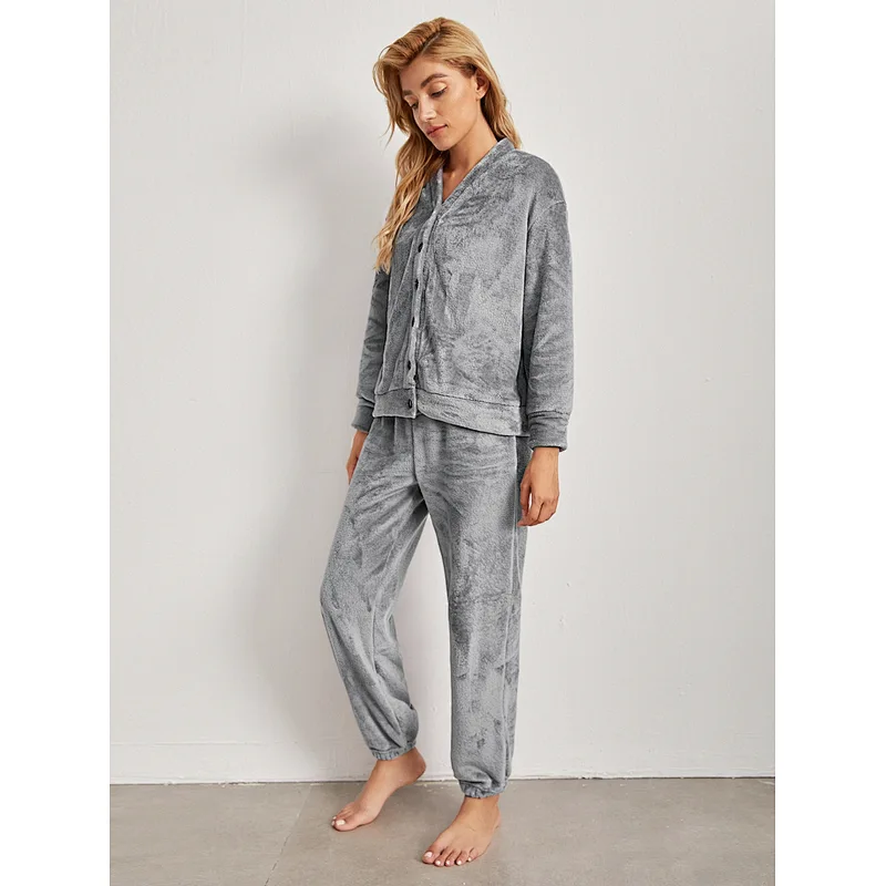2022 Winter Custom Design Plus Size Women's Sleepwear Piajama Lounge Wear Set Flannel Pijama Solid Pajama Sets For Women