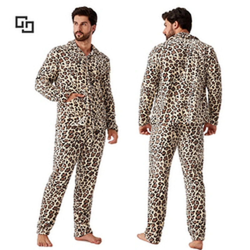 Men Leopard Print PJ Set Turkish Pajamas for Winter Adult Sleep Wear