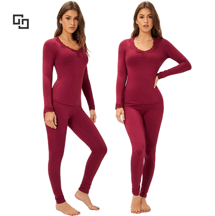 Winter Heattech Clothing Guipure Lace Appliques Thermal Underwear Set