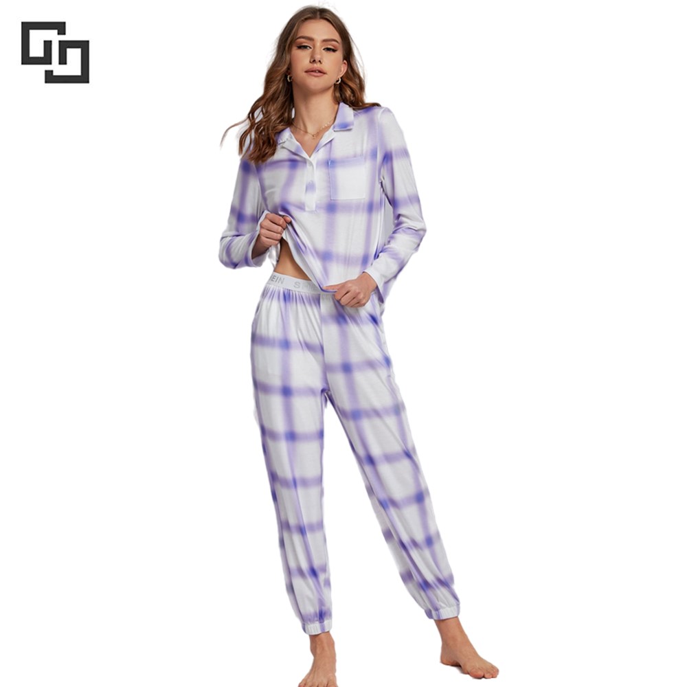 2022 Custom Plaid Print Top Pants PJ Set Winter Homewear For Adults Women Cotton Pajama Set