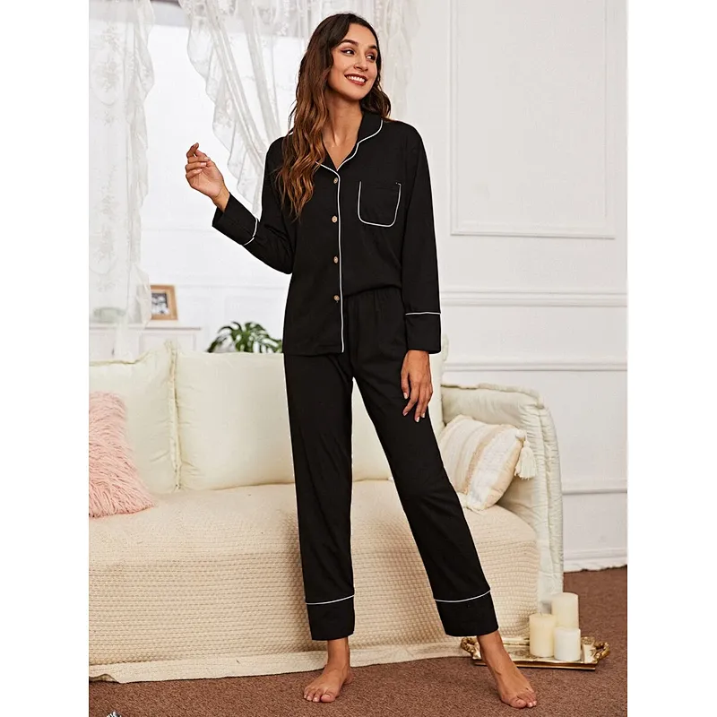 Lapel Collar Button Front Contrast Binding Pajama Set  Woman Pajamass