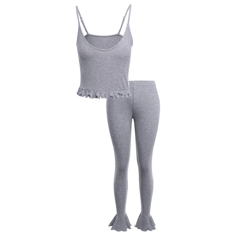 Ruffle Frill Rib Knit Cami Lounge Wear Yoga Solid Soft Clothing Pijamas Summer Cotton Jersey Women Pajamas