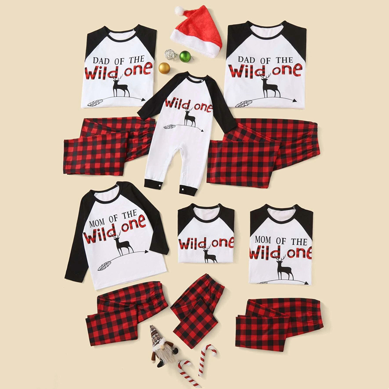 Long Sleeve Matching XMAS Pyjamas Letter Graphic Top &  Buffalo Plaid Pants Christmas Family Pajamas