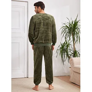 Casual Shearling Men's Sleepwear Contrast Trim Teddy Top & Pants with Cuff OEM Pajamas for Men