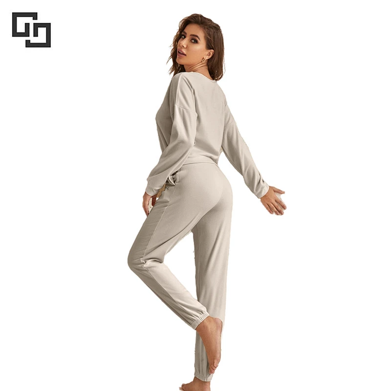 Custom Long Sleeves Fashion Pyjamas bamboo Knitted Sleepwear Set Solid Winter 2 Pieces Pajamas For Women