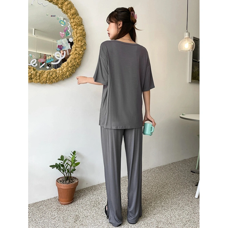 Pajamas Short Sleeve Long Pants Solid Tee Bamboo Viscose Women Sleepwear With Pants Women Bamboo Viscose Pajamas