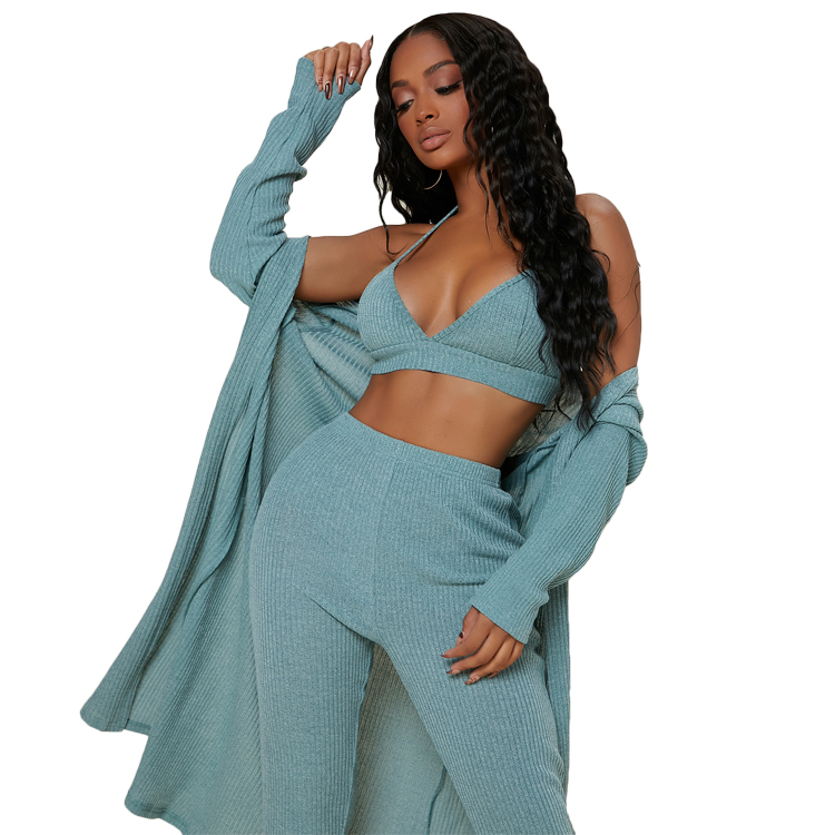 Long Sleeve Casual Lounge Wear 3pcs Solid Rib-knit Women Loungewear Sets