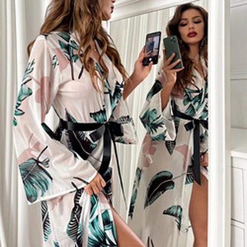 Elegant Long Sleeve Bathrobe Jungle Leaf Print Robe Femme Belted Night Robes Women