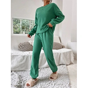 2022 New Arrival Two Pieces Letter Embroidery Drop Shoulder Flannel Sweatshirt & Pants Lounge Set