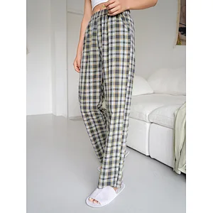 100% Cotton Lounge Pants Women Plaid Elastic Waist Wholesale Pajama Pants