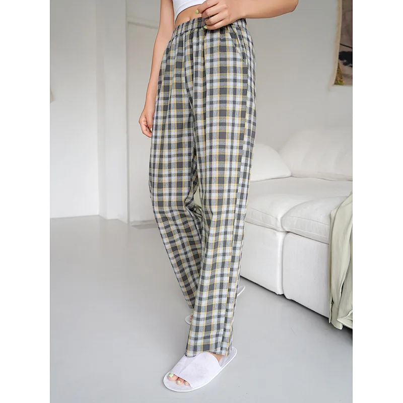 100% Cotton Lounge Pants Women Plaid Elastic Waist Wholesale Pajama Pants