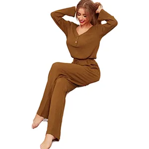 Cozy Femme Pyjamas Solid Waffle Tops With Pants Lounge Wear Set Designer Sleepwear Cotton Women Pajama Set