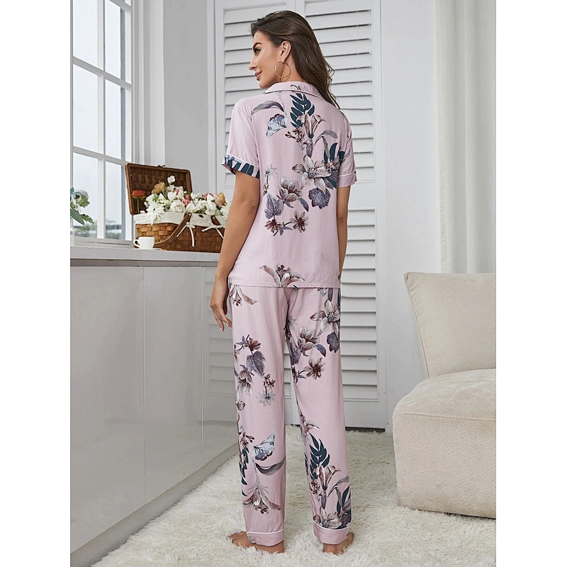 Women Pajamas Sets Short Sleeve Floral Print Bamboo Viscose Sleepwear for Women Contrast Binding Bamboo Viscose Pajama Set