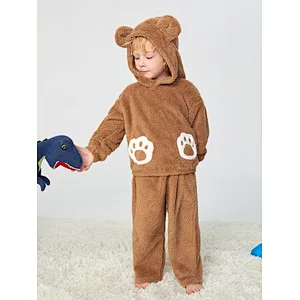 Cute Cartoon Kids Winter Pajamas Paw Print 3D Ears Design Teddy Hoodie & Pants Boys Clothing Sets