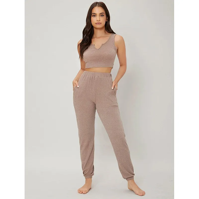 Solid Notched Comfortable Lounge Wear Two Piece Set Tank Top & Pants Women Wholesale Loungewear