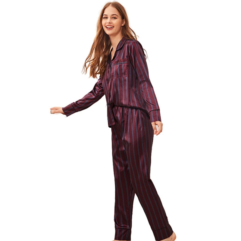 Striped 2022 Wholesale Custom Satin Pajamas Set Silk Designer Luxury Pyjamas For Women