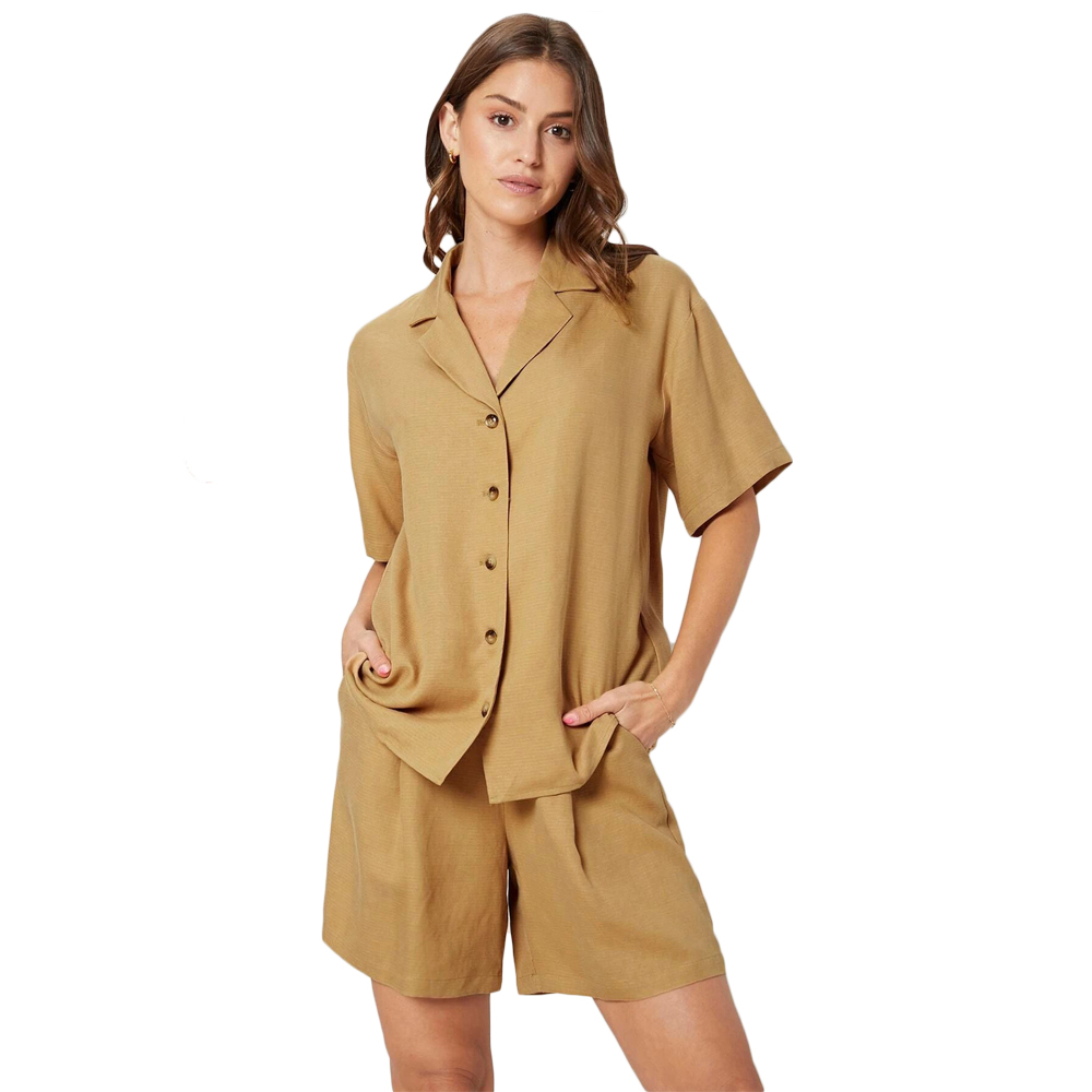 Casual Summer Linen Loungewear Straight Fit Pyjamas Blouse & Shorts Set Womens Linen Set