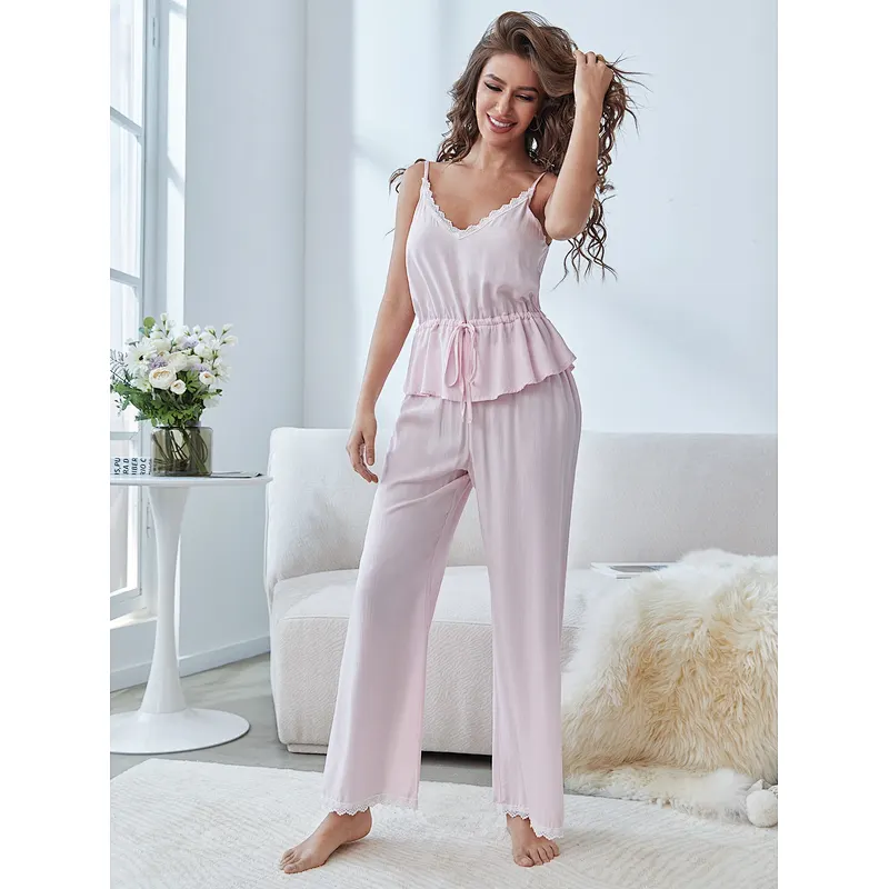 Cami V Neck Lace 2 Piece Woman Sleepwear Pjs Cotton Pyjama Bamboo Pajamas For Women
