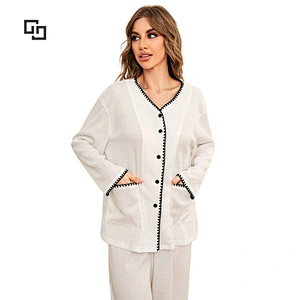 Women Pajamas Long Sleeves Contrast Trim Bamboo Viscose Women Sleepwear Top & Pants Pajama Women Bamboo Viscose Set