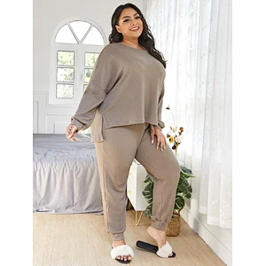 Custom Waffle Knit Women Waffle Pajama High Low Hem PJ Set Plus Size Pajamas