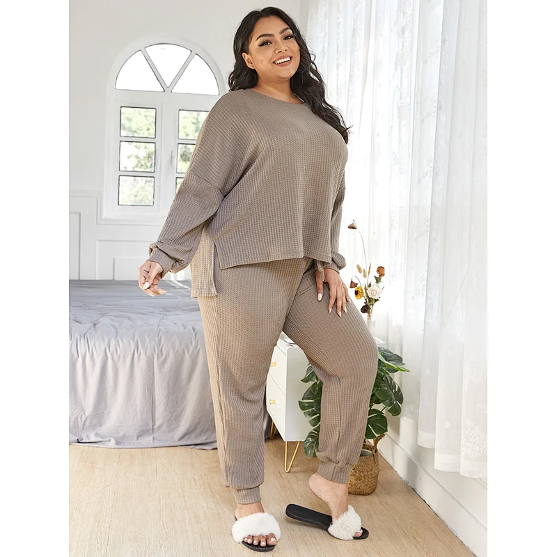 Custom Waffle Knit Women Waffle Pajama High Low Hem PJ Set Plus Size Pajamas