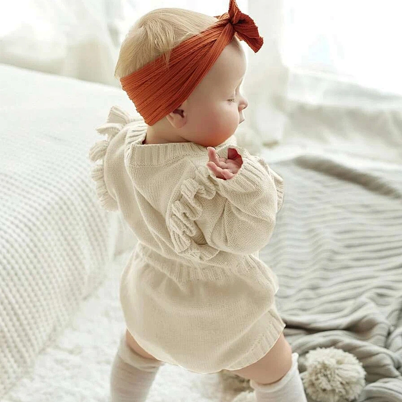 Baby Girls Boys Sweater Cotton Footless Pajamas Baby Ruffle Trim Cable Knit Romper With Headband