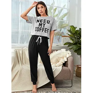 Wholesale OEM Custom Pajamas Slogan Letter Drawstring Waist Pyjamas PJ Set Women Lounge Wear