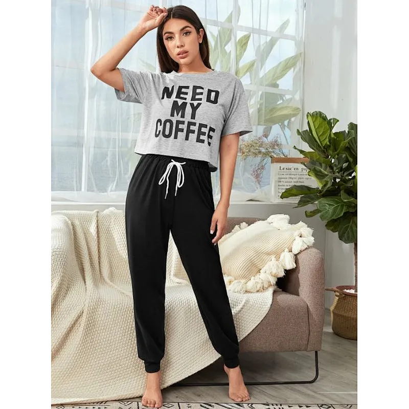Wholesale OEM Custom Pajamas Slogan Letter Drawstring Waist Pyjamas PJ Set Women Lounge Wear