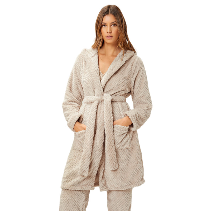 New Hooded Dual Pockets Flannel Waffle Winter Robes Femme Fleece Solid Lounge Pants Fuzzy Women Robe Sets