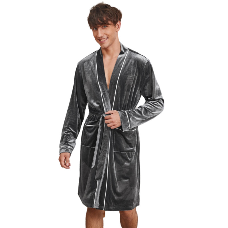 Piping Pocket Solid Belt Men Thick Fleece Robe Custom Designer Winter Flannel Bath Men Velvet Night Robe