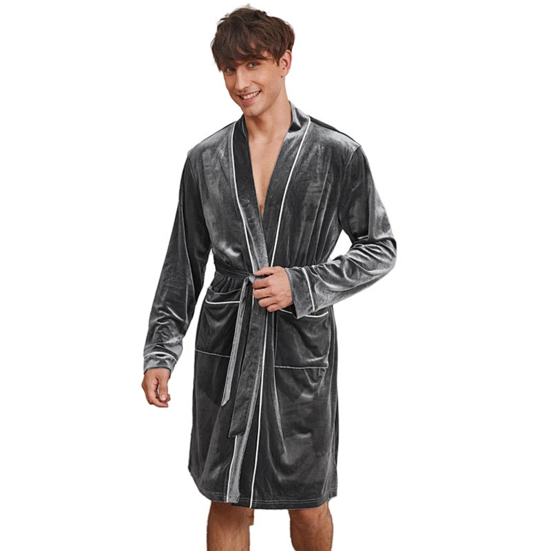 Piping Pocket Solid Belt Men Thick Fleece Robe Custom Designer Winter Flannel Bath Men Velvet Night Robe