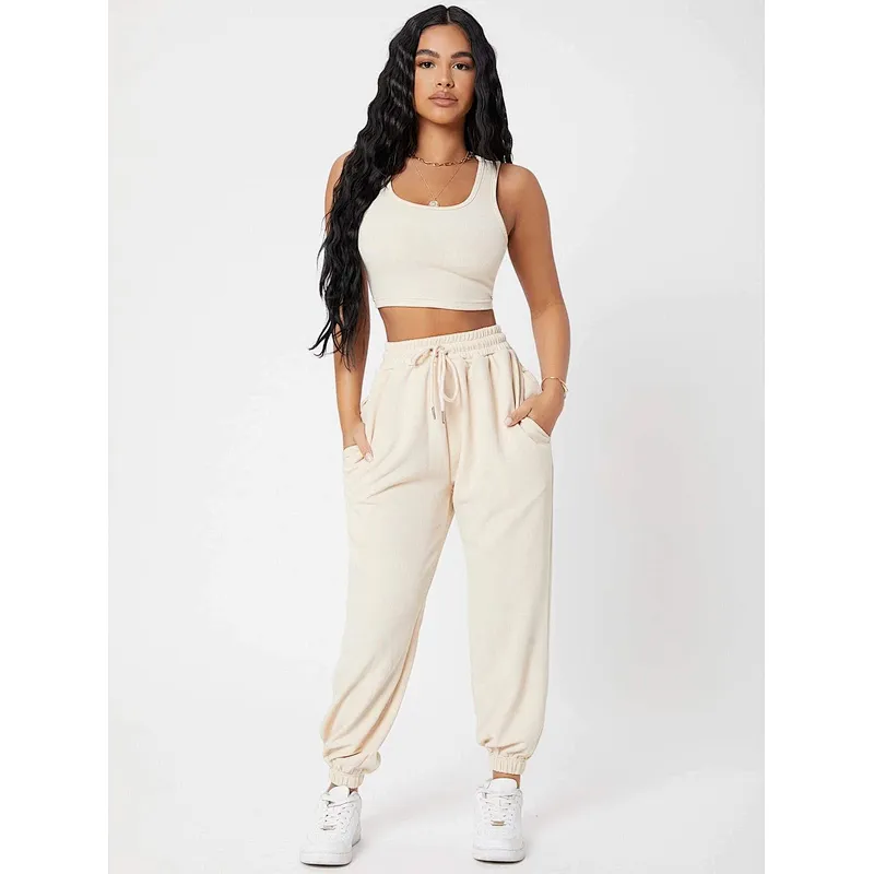 Custom Camisole Lounge Wear Solid Crop Tank Top And Sweatpants Joggers Set Women Loungewear Set