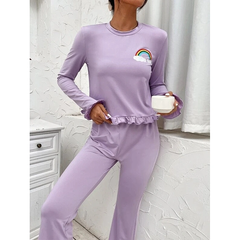 2022 Lilac Purple Rainbow Print Flounce Sleeve Ruffle Hem Top & Pants Cotton Lounge Wear Set
