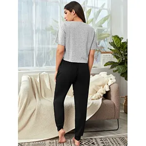 Wholesale OEM Custom Pajamas Slogan Letter Drawstring Waist Pyjamas PJ Set Women Lounge Wear