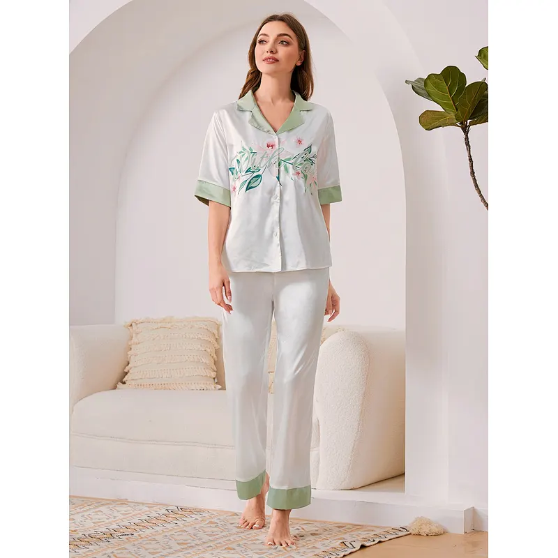 Luxury Women Sleepwear Floral Pyjama Ladies Nihgtwear Clothing Women Satin Silk Pajama Set
