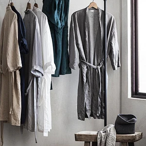 New Latest Belt Solid Cotton Femme Robe Knitted Longue Cotton Designer Pocket Linen Women Bath Robes