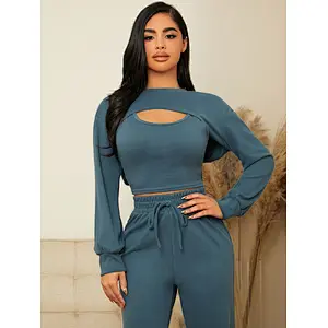 3pcs Casual Lounge Wear Custom Sweatsuit Scoop Neck Tank Top & Super Crop Pullover & Pants Loungewear Set