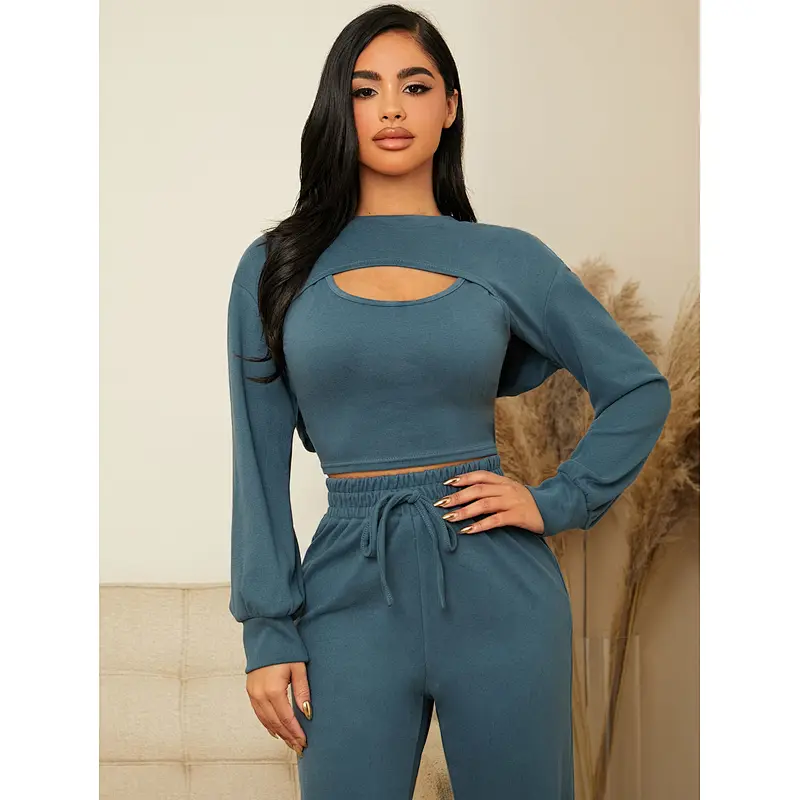 3pcs Casual Lounge Wear Custom Sweatsuit Scoop Neck Tank Top & Super Crop Pullover & Pants Loungewear Set