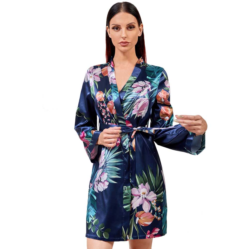 Party Bridesmaid Deep V Neck Kimono Robe Silk Floral Print Belted Womens Satin Robe