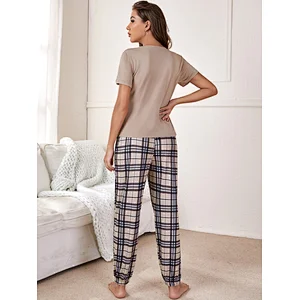 Custom Women Cotton Pajama Set Solid Tee & Plaid Pants Wholesale Loungewear