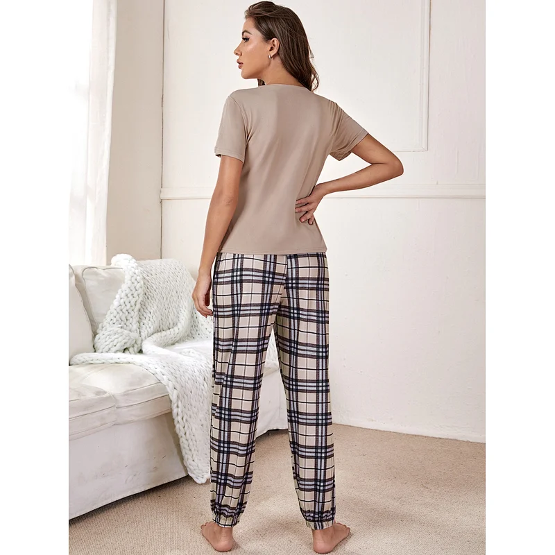 Custom Women Cotton Pajama Set Solid Tee & Plaid Pants Wholesale Loungewear