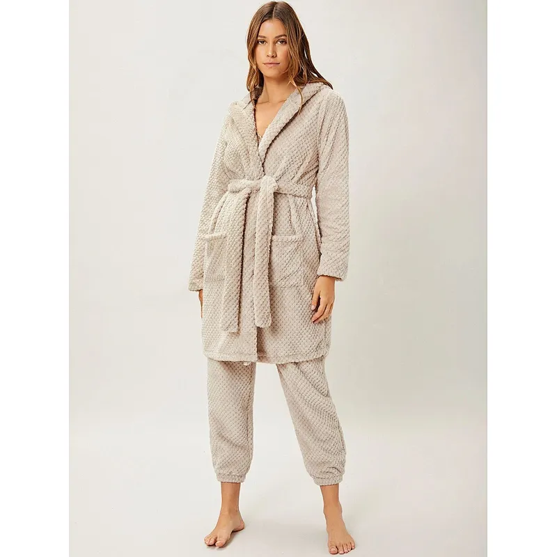 Winter Thermal Bathrobe Belted Dual Pocket Flannel Lounge Wear Hooded Custom Robe