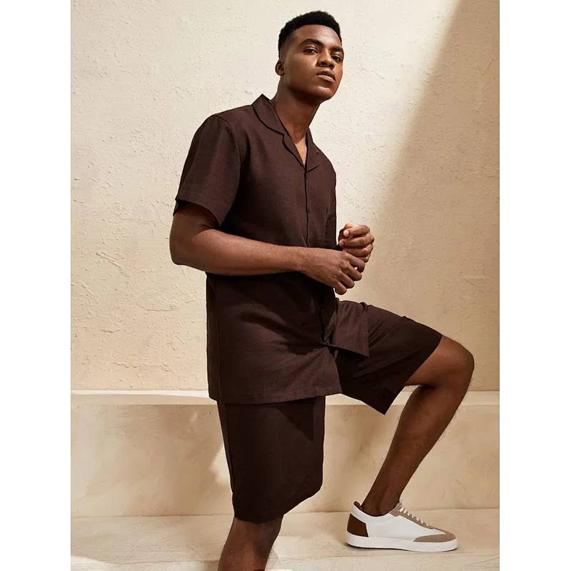 UNISEX Short Sleeve Loungewear Cotton Couple Pyjamas Lapel Collar Shirt With Shorts Linen Pajamas