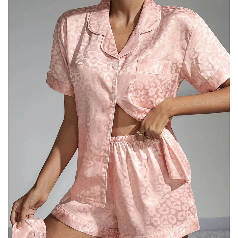 Pink Women Pijamas Leopard Loungewear Jacquard Contrast Binding PJ Set