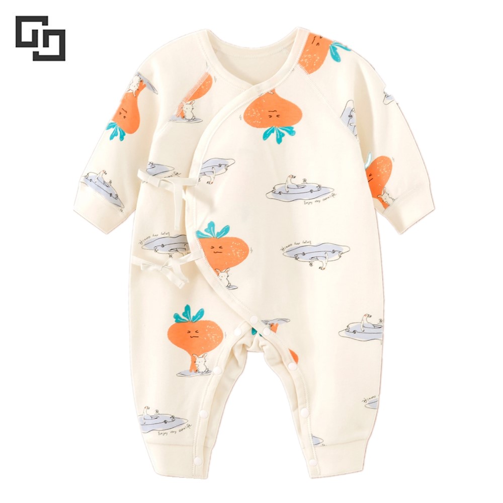 Wholesale Suitable 100% Organic Cotton New Born Baby Cartoon Clothes  Graphic Bow Front Jumpsuits Rompers