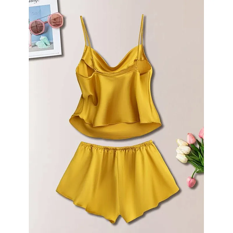 Wholesale Custom Ladies Hot Gold Silk Satin Cami Women Summer Pajama Set
