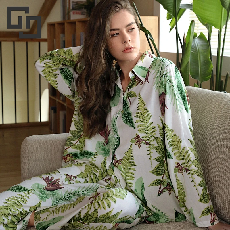 Floral Long Organic Cotton Pyjamas Custom Bamboo Viscose Women Pajama