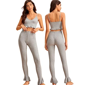 Ruffle Frill Rib Knit Cami Lounge Wear Yoga Solid Soft Clothing Pijamas Summer Cotton Jersey Women Pajamas